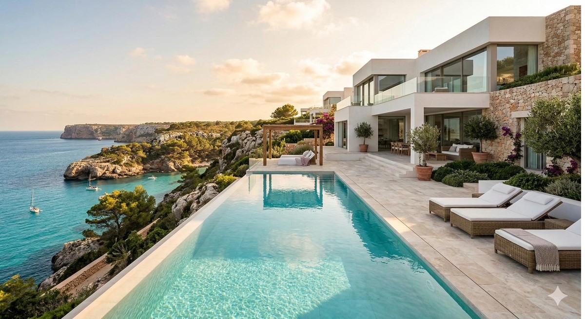 Villa mediterránea en Menorca con piscina infinita y vistas al mar