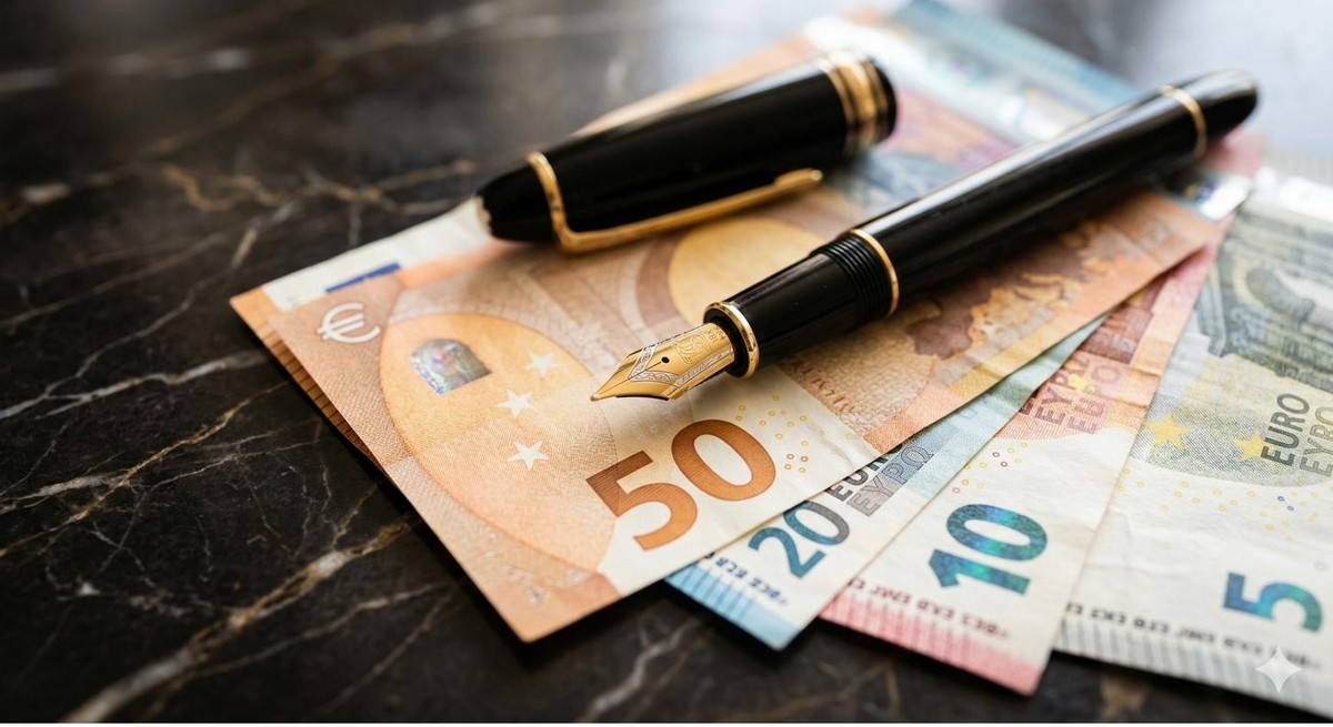 Billetes de euro y pluma estilográfica sobre mármol
